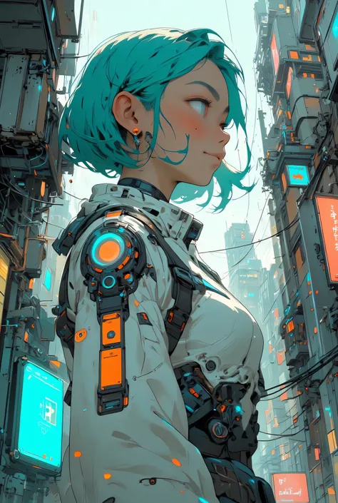  [sci-fi],4k,8k, very beautiful young girl,the background a destroyed city, (Very beautiful profile)or(Very beautiful Face seen from an angle)short bob hairstyle, Blue hair,One girl, sad face(bust shot)(White and turquoise and orange accent futuristic mech...