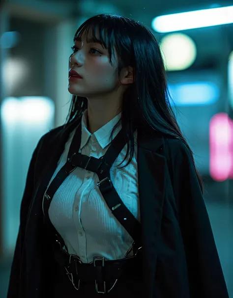 (((Future city skyscrapers:2.0))),(((HR gigger style cyberpunk atmosphere:2.0))),(((Holding a cyberpunk-like Japanese sword:2.0))),standing in the teacher's house,one woman,(cute face:1.5),(Beautiful well-balanced face :1.5),(Wavy Black Hair:1.7),(Beautifu...