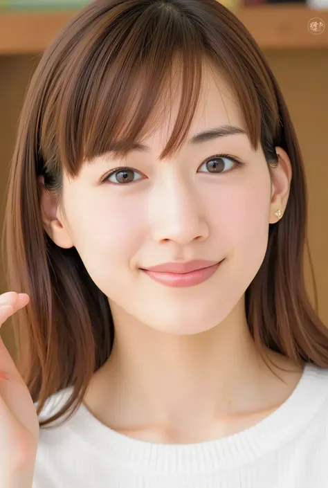 1 woman, looking at viewer, beautiful skin, beautiful eyes, beautiful face, highly detailed eyes, (light-brown straight hair:1.2), (swept bangs:1.5), make up, medium hair, thin hair, masterpiece, Super Details, Best lighting, Realistic and Realistic Pictur...