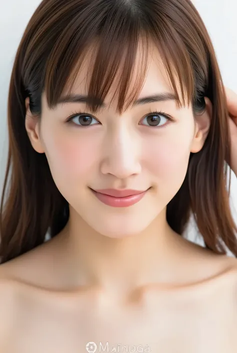 1 woman, looking at viewer, beautiful skin, beautiful eyes, beautiful face, highly detailed eyes, (light-brown straight hair:1.2), (swept bangs:1.5), make up, medium hair, thin hair, masterpiece, Super Details, Best lighting, Realistic and Realistic Pictur...