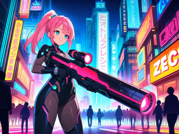"A female bounty hunter with vibrant pink hair styled in a high ponytail, adorned with cybernetic enhancements and a sleek, dark bodysuit, stands amidst the towering neon-lit skyscrapers of a cyberpunk city. Rendered in the anime style, she is depicted wit...
