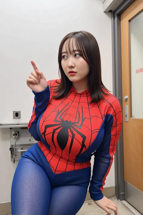 Full-figured body, Plus-size woman, Spider-Man, Peter Parker, NSFW, 1 girl, (cleavage cutout : 2.5), realistic cleavage, (She is wearing nothing but a highly detailed, realistic, skin-tight rubber Spider-Man suit with a plunging neckline. : 1.9), (Deep Cle...