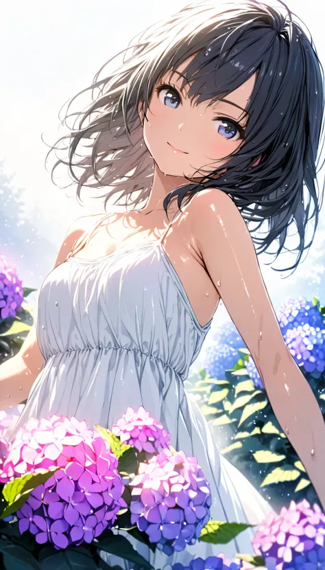 masterpiece, best quality, ultra-detailed, 8k, high resolution, Gentle colors, soft focus, dreamy background, White background, Hydrangea background, Delicate and dynamic, light rain, The wind is blowing, 1 girl, Long white camisole dress, Wet and shiny bl...