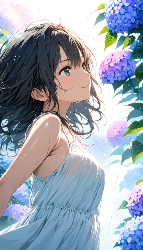 masterpiece, best quality, ultra-detailed, 8k, high resolution, Gentle colors, soft focus, dreamy background, White background, Hydrangea background, Delicate and dynamic, light rain, The wind is blowing, 1 girl, Long white camisole dress, Wet and shiny bl...