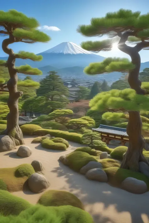 Japanese Scenery,Garden view ,fantastic,pine tree,Realistic scenery built into the details,4K High Resolution,HDR,studio lighting,Superb realism