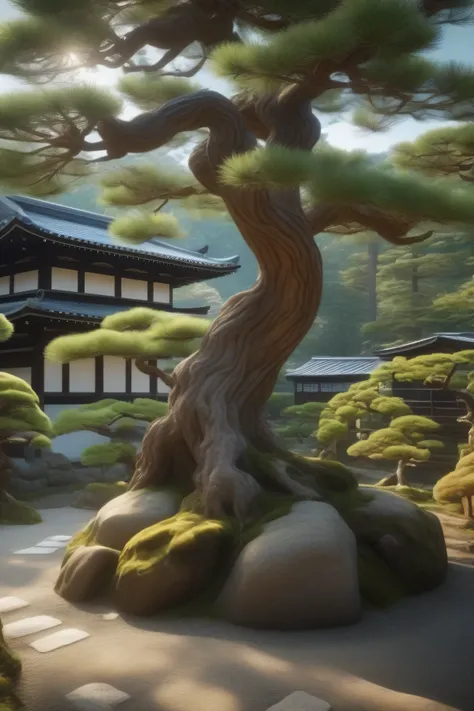 Japanese Scenery,Garden view ,fantastic,pine tree,Realistic scenery built into the details,4K High Resolution,HDR,studio lighting,Superb realism