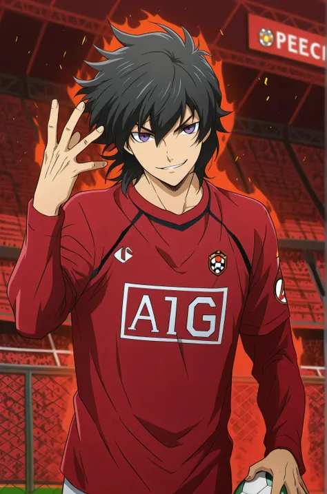 1 male,solo,Fudou Akio,purple eyes,black hair,medium hair,smirk,manchester united uniform,sport wear,football stadium,old trafford,