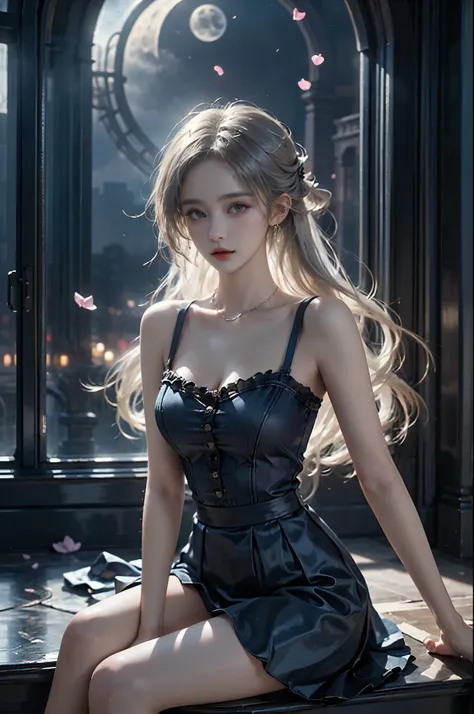 ,, ((masterpiece, best quality, ultra highres, realistic:1.4)), (Random shooting Angle), mix4, (At night, moonlight:1.3), beautiful detailed face, (photorealistic:1.37), (sexy long legs:1.2), slender figure, ((By the window, sit on the windowsill, The wind...