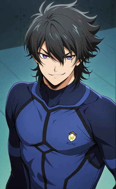 1 male,solo,Fudou Akio,purple eyes,black hair,medium hair,smirk,navy blue bodysuit,sport wear,traning room,