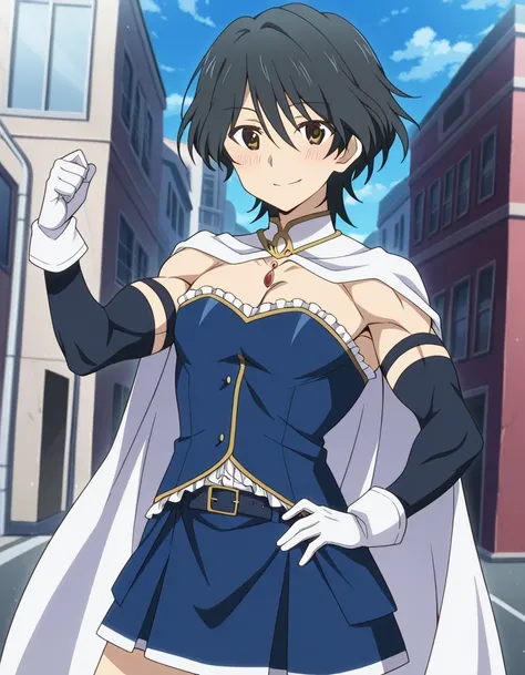 傑作、Best quality、Best image quality、Best resolution、anime coloring、anime screencap、amazing quality、1man、ichika orimura、、ichika orimura、solo、black hair、short hair、brown eyes、、miki sayaka cosplay、miki sayaka (cosplay)、crossdressing、belt、black sleeves、blue ski...
