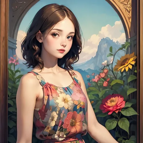 394 ((young woman)),(short hair),(Neat hair),(floral dress),(Leonardo da Vinci style paintings)