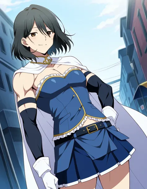 傑作、Best quality、Best image quality、Best resolution、anime coloring、anime screencap、amazing quality、1man、ichika orimura、、ichika orimura、solo、black hair、short hair、brown eyes、、miki sayaka cosplay、miki sayaka (cosplay)、crossdressing、belt、black sleeves、blue ski...