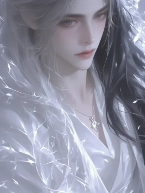 a handsome man with long hair antique black hair,a handsome man with long hair, an ancient brunette in a fairy-looking white Hanfu, traditional Chinese clothing , Double eyelids,Japanese Manga Style,white hanbok