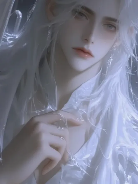 a handsome man with long hair antique black hair,a handsome man with long hair, an ancient brunette in a fairy-looking white Hanfu, traditional Chinese clothing , Double eyelids,Japanese Manga Style,white hanbok