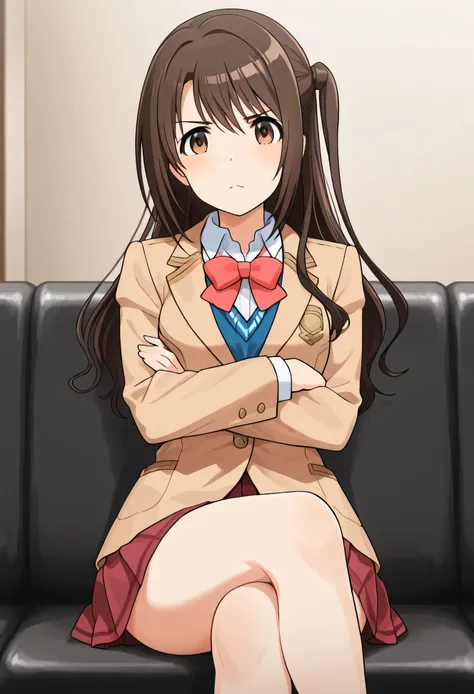 An image of Shimamura Suzuki, brown eyes, brown hair, long hair, one side up, school uniform,  red bow tie , brown blazer  ,   red pleated skirt. Posing standing in a room ,   erotic body   , Sitting with arms crossed and legs crossed 