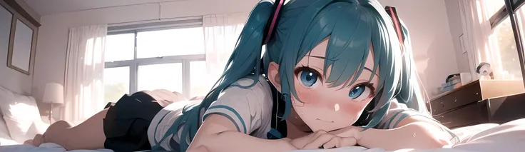 (masterpiece,Best Composition,Depressed Illumination,top quality,Super Detailed),best shadows,Rim lighting,perfect composition,full body,(Hatsune Miku:1.2),Voluptuous Body,light blue twin tail hair, beautiful light blue big eyes,look at here,shy,(Blushing,...