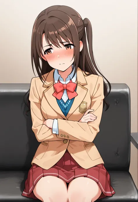 An image of Shimamura Suzuki, blushed, shy ,brown eyes, brown hair, long hair, one side up, school uniform,  red bow tie , brown blazer  ,   red pleated skirt. Posing standing in a room ,   erotic body   , Sitting with arms crossed and legs crossed 