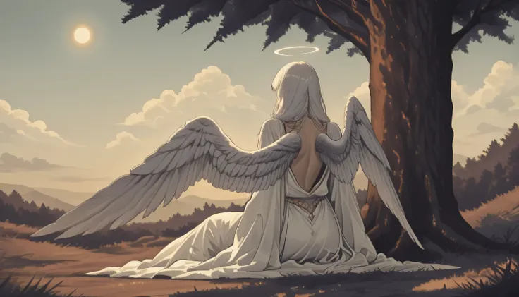 ((Super Details)) ((Alone)) ((Anime)) ((Dark Style)) A tall and beautiful woman with long white hair, dressed in a white robe with gold details, angel wings. Calm expression. Sitting on a small hill, beautiful area, the sun rising, a beautiful day, under a...