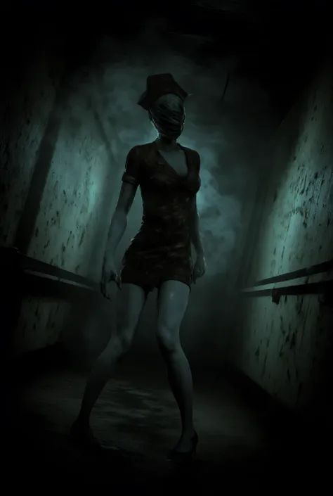 Silent Hill, Nurse, darkness, macabre, rot, dilapidated hospital, hospital hall background, high detail, masterpiece.
