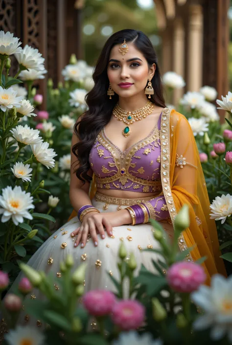 A beautiful Indian woman seated gracefully in an outdoor floral setting, wearing a traditional lehenga-choli ensemble with a richly embroidered Purple blouse, White skirt, and mustard-yellow dupatta draped across her shoulder. Her look is enhanced with int...