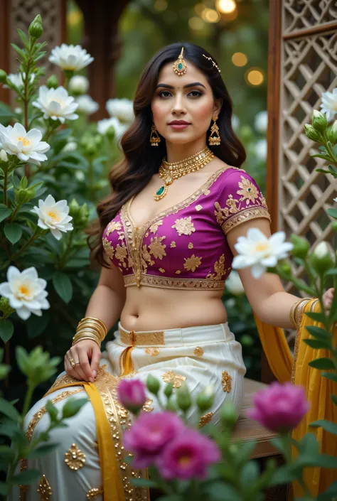A beautiful Indian woman seated gracefully in an outdoor floral setting, wearing a traditional lehenga-choli ensemble with a richly embroidered Purple blouse, White skirt, and mustard-yellow dupatta draped across her shoulder. Her look is enhanced with int...