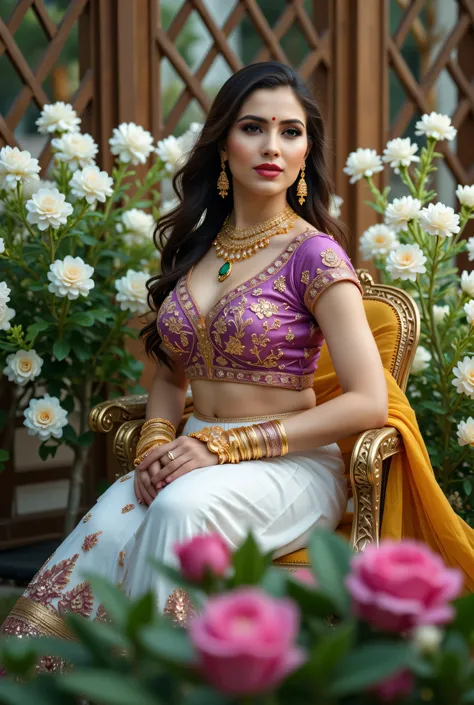 A beautiful Indian woman seated gracefully in an outdoor floral setting, wearing a traditional lehenga-choli ensemble with a richly embroidered Purple blouse, White skirt wearing below the navel, and mustard-yellow dupatta to hang across her Wrist. Her loo...