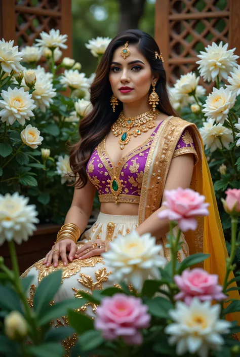 A beautiful Indian woman seated gracefully in an outdoor floral setting, wearing a traditional lehenga-choli ensemble with a richly embroidered Purple blouse, White skirt wearing below the navel, and mustard-yellow dupatta to hang across her Wrist. Her loo...