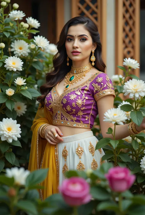 A beautiful Indian woman seated gracefully in an outdoor floral setting, wearing a traditional lehenga-choli ensemble with a richly embroidered Purple blouse, White skirt wearing below the navel, and mustard-yellow dupatta to hang across her Wrist. Her loo...