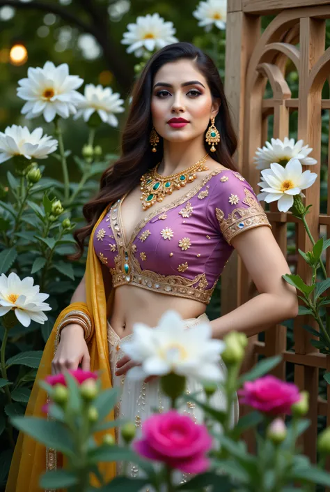 A beautiful Indian woman seated gracefully in an outdoor floral setting, wearing a traditional lehenga-choli ensemble with a richly embroidered Purple blouse, White skirt wearing below the navel, and mustard-yellow dupatta to hang across her Wrist. Her loo...