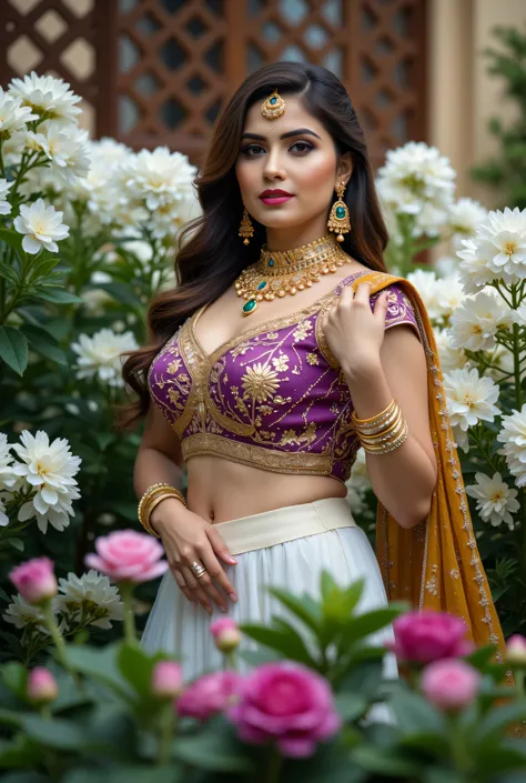 A beautiful Indian woman seated gracefully in an outdoor floral setting, wearing a traditional lehenga-choli ensemble with a richly embroidered Purple blouse, White skirt wearing below the navel, and mustard-yellow dupatta to hang across her Wrist. Her loo...