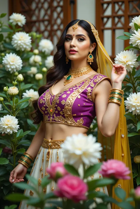A beautiful Indian woman seated gracefully in an outdoor floral setting, wearing a traditional lehenga-choli ensemble with a richly embroidered Purple blouse, White skirt wearing below the navel, and mustard-yellow dupatta to hang across her Wrist. Her loo...