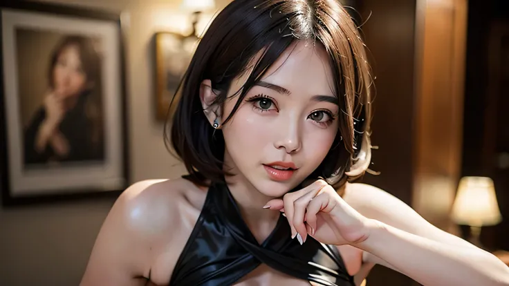 She performs slow chest pops and shoulder rolls with a flirty expression. Hair whip at the beat, hands push outward as if teasingly offering pain.