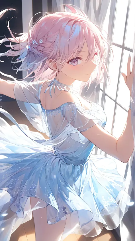 A stunning Japanese high school girl, graceful and youthful, captured mid-movement in a contemporary dance pose. She has an elegant, modern hairstyle—neatly styled yet expressive, reflecting her artistic nature. She wears a luxurious, expensive-looking lac...