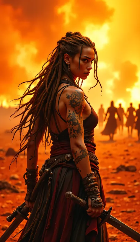 lonely female warrior with long fluttering dreadlocks, visible side profile, showing a determined female face, muscular arms and hands, clutching two swords with detailed fingers, wounded body in a fighting stance, backend types, four armed silhouette figu...