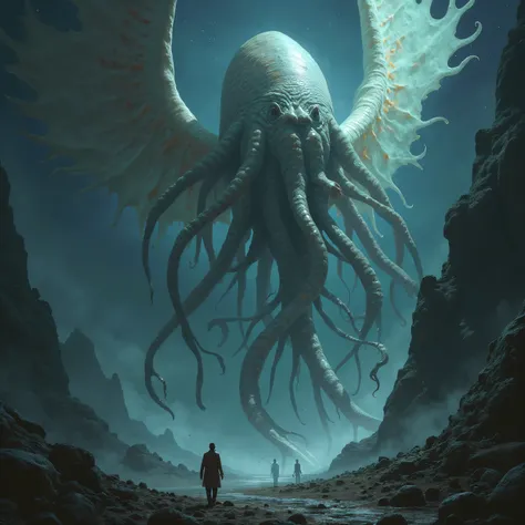 Create a giant sperm with aspects of HP Lovecraft and a little angelic