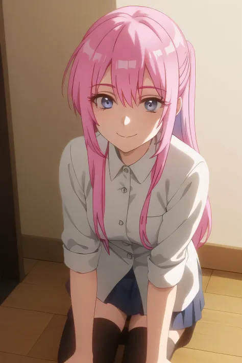 can you draw a woman with long pink hair，can you draw a nice smile,，white blouse，Navy Blue Mini Skirt,，OL ，pink hair　long hair，Let's draw a more delicate expression，A woman with a lovely smile，The face is absolutely necessary，,Please describe，Can you draw ...