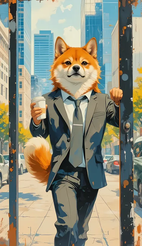 full body view, anthropomorphic shiba inu office worker with a fluffy tail caught in a glass door, holding a coffee cup with a slightly pained expression, dressed in a gray business suit and tie, sleek modern city office building background, humor and char...