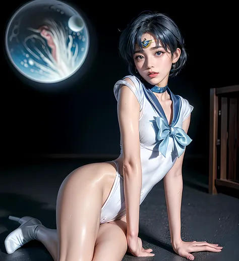 Sailor Mercury　blue hair short hair　1 beauty　positive　Smile Yan　balanced　thighs　sea　blue sailor suit　knee-high boots　BLUE CHOKER　long white gloves　jewelry　earrings　Extremely Cute Face　small face　cute　beautiful big eyes　blue eyes　double eyelid　Very Small Cu...
