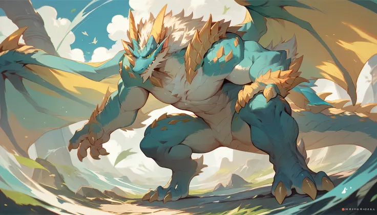 Thunder Wolf Dragon,Dragon Man form,Build muscle,Furry, solo, male,blue-green eyes,blue body ,white Furry,yellow hand ,Blue Face,thick yellow toenails,3 thick toes,yellow with white fur tails,Yellow horns,panoramic,Full Body