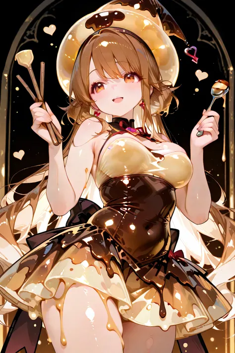 top quality、masterpiece、Magical Girl with pudding and caramel motifs。A melting yellow and brown gradation dress。wearing a pudding-shaped hat、with spoon-shaped sticks。The hem of the dress has a plump round silhouette。The background is a dream pudding kingdo...