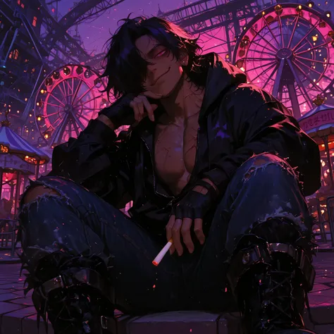 face, portrait, face focus, from below, smug expression, head tilt, slight cruel smirk, looking at viewer, holding cigarette, relaxed stiff grumpy posture, 1 femboy, black messy hair, hair over one eye, intricate border, ((saturated very dark skin)), parte...