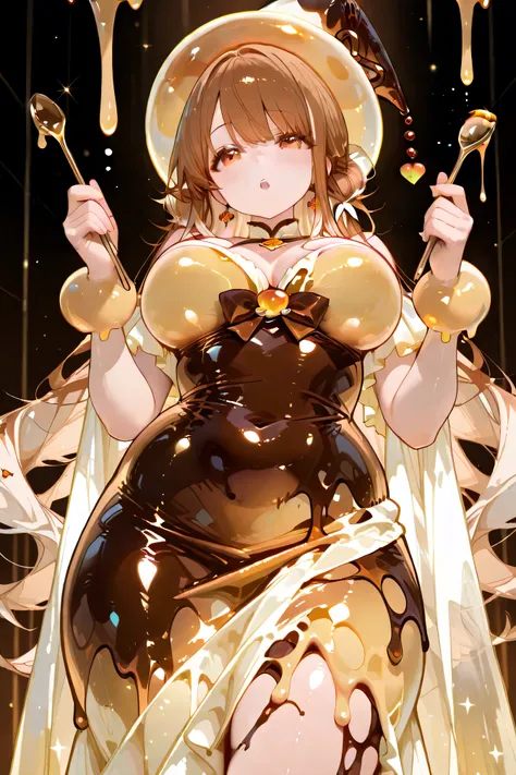 top quality、masterpiece、Magical Girl with pudding and caramel motifs。A melting yellow and brown gradation dress。wearing a pudding-shaped hat、with spoon-shaped sticks。The hem of the dress has a plump round silhouette。The background is a dream pudding kingdo...