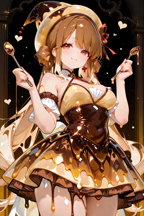 top quality、masterpiece、Magical Girl with pudding and caramel motifs。A melting yellow and brown gradation dress。wearing a pudding-shaped hat、with spoon-shaped sticks。The hem of the dress has a plump round silhouette。The background is a dream pudding kingdo...