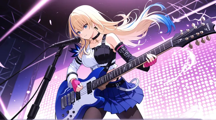 score_9, score_8_above, score_7_above, source_anime, Electric_guitar,playing_ instrument,s3rvall4ndau, long hair, streaked hair, blonde hair, BLUE HAIR, blue eyes, large breasts,white jacket, two-tone shirt, white shirt, black shirt, sleeveless shirt, feat...