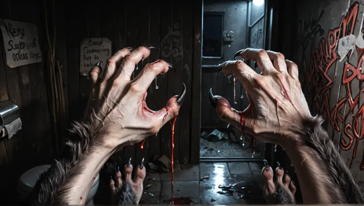 Pov:1.3, point of view, pov, paws, own body, Werewolf , wet, detailed fur, gradual fur, scars, wound, scratched, scratch, dripping blood, blood arounds, blood from mouth, bleed scars, bled, big animal toes, ((darkness, night dramatic, deep shades,)), wc, t...