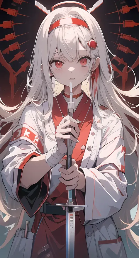 Yanderenaas　syringe　 dark　Scary　nurse cap　nurse uniform　operating room　目がScary　(太いsyringe)　Blood all around 　It is said　bandaged arm