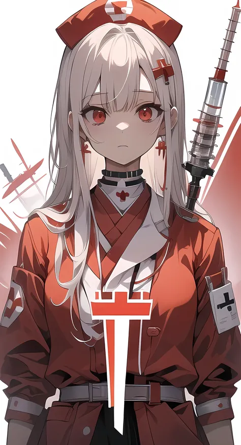Yanderenaas　syringe　 dark　Scary　nurse cap　nurse uniform　operating room　目がScary　(太いsyringe)　Blood all around 　It is said