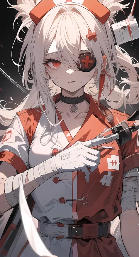 Yanderenaas　　 dark　Scary　nurse cap　nurse uniform　Operating Room Wind Chest　目がScary　(thick syringe)　Blood all around 　It is said　bandaged arm　blood flowing motifs　Drug motifs　Has a bandage around his neck　(Eye patch)
