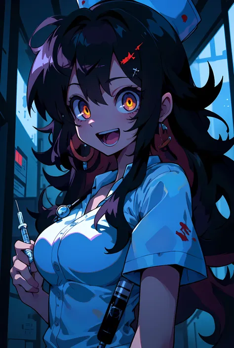 anime-style bust-up portrait of a yandere nurse in a dimly lit hospital room, long messy wavy hair, glowing spiral pupils, dark eye bags, wide demonic grin with sharp teeth slightly showing, flushed cheeks, cold bluish lighting casting shadows across her f...