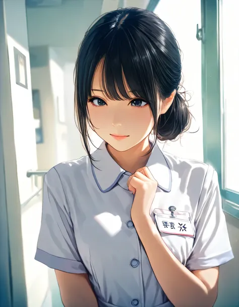 1girl, year 2019, upper body, early summer, hospital, nurse, masterpiece, high score, great score, absurdres, 16k, Ultra detailed, (photorealistic : 0.5)
